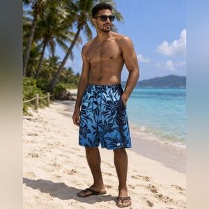 Nike Swim Shorts Mens M Blue Floral Tropical Board Shorts Beach Surf
